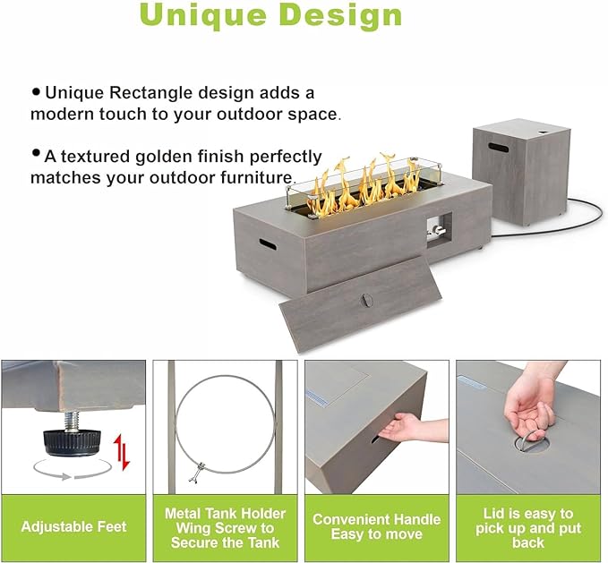 SUNPEAK 42" Modern Fire Pit Table with LED Light 50,000 BTU Deck Fire Pit Table Includes Wind Guard, Lid, Rocks & Cover - Propane Gas Patio Fireplace, Chimenea para Patio (Grey/Golden Light, 42" LED)