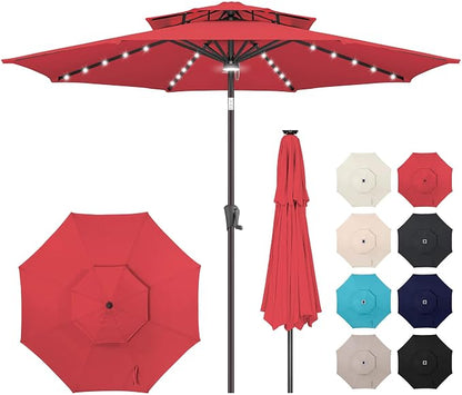 Solar Patio Umbrella Outdoor with Centre Light, 9 ft Red | 2 Tiers, 40 LED Lights, UV Protection, Solar Outdoor Umbrella for Porch, Deck, Pool, Garden, Provides Evening Lighting