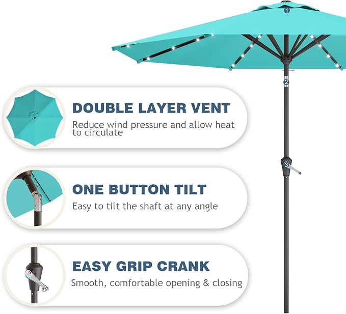 9FT Patio Umbrella with Solar Lights,Outdoor Market Umbrella with Tilt and Crank, LED Lighted Table Umbrella for Garden,Deck,Backyard,Pool,Beach (Peacock Blue)