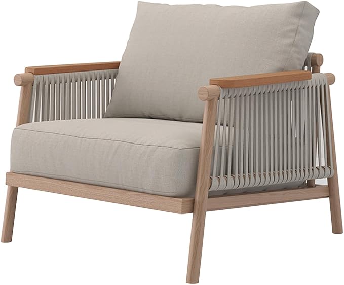 Acanva Modern All-Weather Aluminum Outdoor Patio Sofa with Thick Cushions, Olefin Fabric Sunroom Backyard Furniture, Light Khaki, Armchair