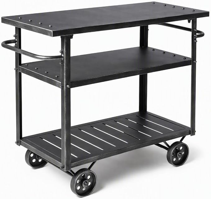 Rolling Bar Cart with Handle [3 Tier] Home Kitchen Microwave Cart Island On Wheels, Mobile Serving Cart Beverage Cart, Coffee Station (Metal/Wood, Industrial Black)