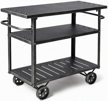 Rolling Bar Cart with Handle [3 Tier] Home Kitchen Microwave Cart Island On Wheels, Mobile Serving Cart Beverage Cart, Coffee Station (Metal/Wood, Industrial Black)