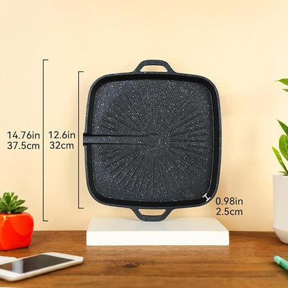 Korean Style 12.6in Grill Pan Non-stick Maifan Coated Smokeless Griddle Pan Compatible for Induction, Gas Stove, Electric Cooktop Stovetop Plate Indoor or Outdoor BBQ (Square)