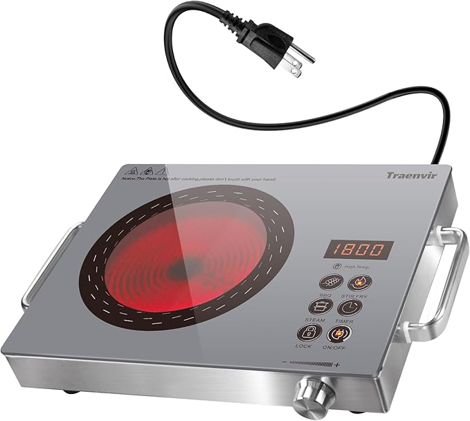 Single Burner Electric Cooktop, Protable Electric Stove with Handle, Countertop Ceramic Stove top for Camping, Home, RVs, Child Lock, Timer, Steam, BBQ, Stir Fry,110V - 120V Plug in, Grey