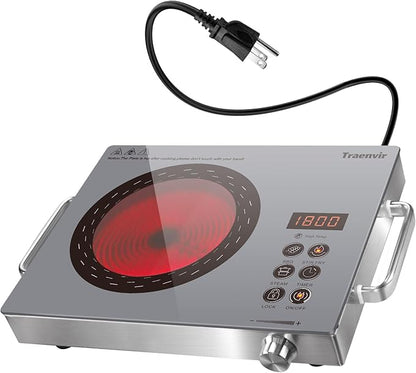 Single Burner Electric Cooktop, Protable Electric Stove with Handle, Countertop Ceramic Stove top for Camping, Home, RVs, Child Lock, Timer, Steam, BBQ, Stir Fry,110V - 120V Plug in, Grey