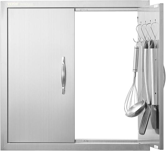 VEVOR BBQ Access Door, 24W x 24H Inch Double Outdoor Kitchen, Stainless Steel Flush Mount Door, Double Wall Vertical with Handles and Hooks, for BBQ Island, Grilling Station, Outside Cabinet