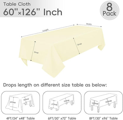 8 Pack Beige Tablecloth 60 x 102 Inch Rectangle For 6 Foot Tables | Wrinkle Resistant, Washable Polyester Fabric, Rectangular Table Cloth for Wedding Party Banquet Buffet and Camping