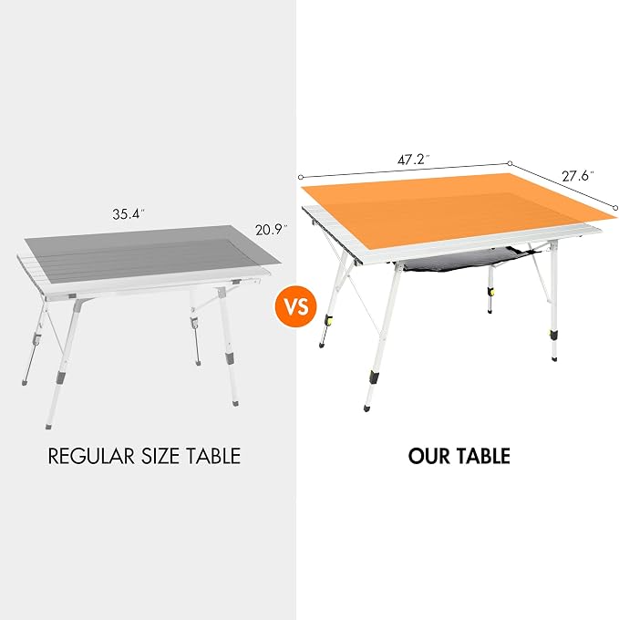 Portal Camping Table Portable Foldable with Adjustable Legs, Aluminum Folding Table Roll Up Table with Carrying Bag for Outdoor, Beach, Picnic, Backyards, BBQ and Party, Silver, Big