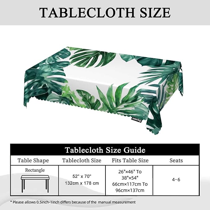 Swono Tropical Leaves Tablecloths Watercolor Palm Leaves Green Kitchen Dinning Tabletop Decoration, Polyester Table Cover for Indoor Outdoor 50x72 Inch Tablecloth