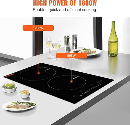 VEVOR Electric Cooktop, 2 Burners, 12'' Induction Stove Top, Built-in Magnetic Cooktop 1800W, 9 Heating Level Multifunctional Burner, LED Touch Screen w/Child Lock & Over-Temperature Protection