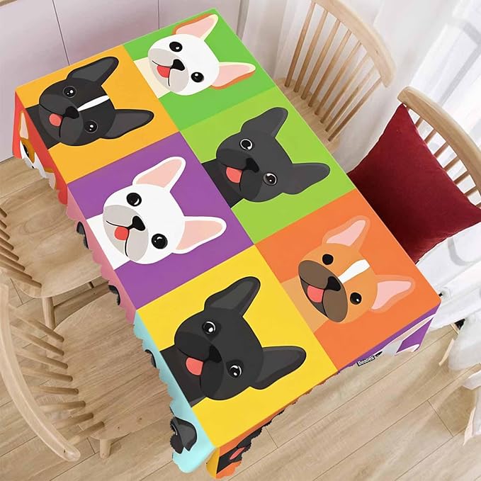 Rectangle Tablecloth French Bulldog, Stain-Resistant Table Cloth Colorful Puppy Bulldog Head Coffee Table Cover 52x70 Inch Tablecloths for Home Canteen Dining Kitchen Outdoor