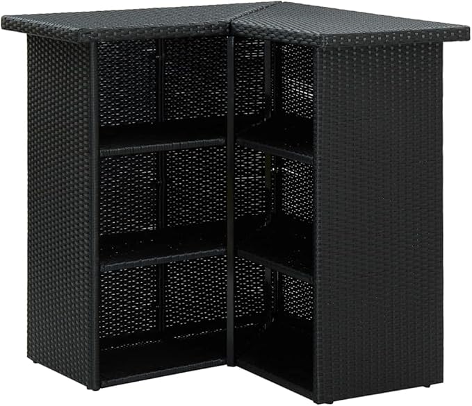 Modular Corner Bar Table with Storage Shelves Black PE Rattan for Dining Room Kitchen and Outdoor Use