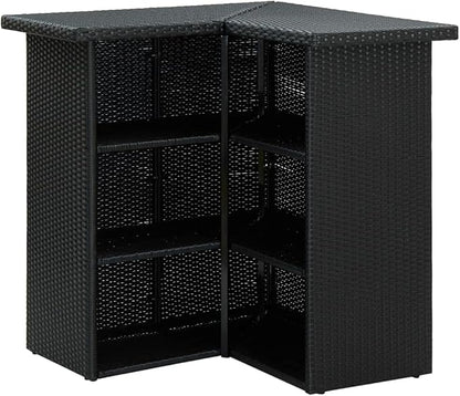 Modular Corner Bar Table with Storage Shelves Black PE Rattan for Dining Room Kitchen and Outdoor Use