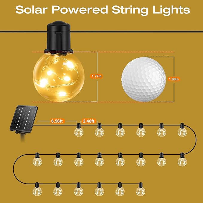 Outdoor String Lights Solar Powered, 50ft 20 LED Bulbs Hanging Patio Lights Dimmable w/Timer & Remote, Globe Bulb Shatterproof Waterproof for Outdoor Indoor Decor - Warm White