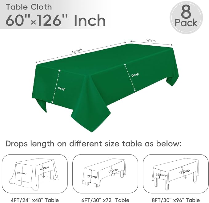 8 Pack Green Rectangle Table Cloth 60 x 126 Inch For 8 Foot Tables | Wrinkle Resistant Tablecloth, Washable Polyester Fabric, Rectangular Tablecloth for Wedding Party Banquet Buffet