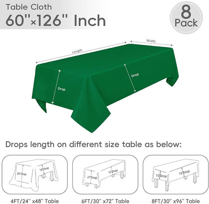 8 Pack Green Rectangle Table Cloth 60 x 126 Inch For 8 Foot Tables | Wrinkle Resistant Tablecloth, Washable Polyester Fabric, Rectangular Tablecloth for Wedding Party Banquet Buffet