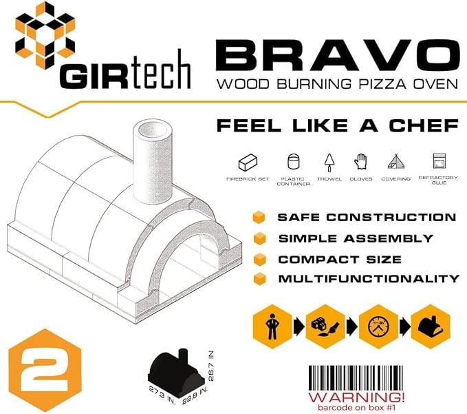 BRAVO Wood Burning Fire Brick Pizza Oven for Outdoor Cooking - FULLY DIY KIT - Includes Firebrick Set, Refractory Glue, Trowel, Gloves, Cover, Steel Gate, Assembly Instructions (3 hours)