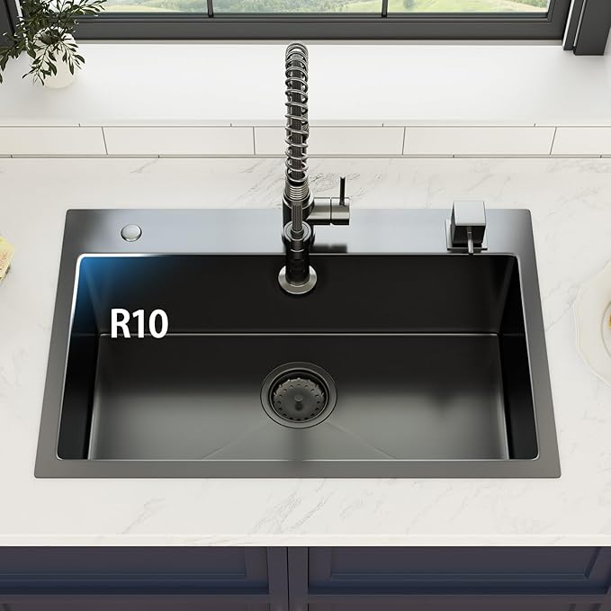 28 Inch Gunmetal Black Drop In Kitchen Sink 28 x 18 Kitchen Sink 18 Gauge Stainless Steel Single Bowl Topmount Sink with Nano Coating, 28x18x9