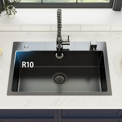 28 Inch Gunmetal Black Drop In Kitchen Sink 28 x 18 Kitchen Sink 18 Gauge Stainless Steel Single Bowl Topmount Sink with Nano Coating, 28x18x9