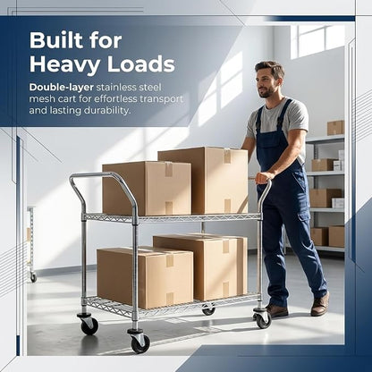 Finnhomy 2-Tier Commercial Grade Rolling Cart, Heavy Duty Utility Cart, Carts with Wheels and Handles, Kitchen Cart on Wheels, Metal Serving Cart with 500 lbs Capacity, Shelf Size 20" D x 36" W, NSF