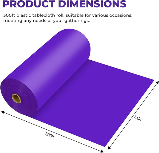 54 Inch X 300 Feet Plastic Table Cover Roll Premium Disposable Plastic Tablecloth for All Type/Shape Tables | Picnic, Party, Banquet, Birthdays, Weddings (Purple, 54 Inch X 300 Feet)
