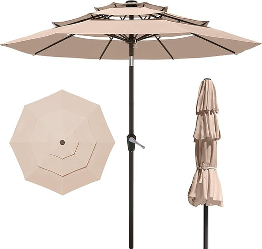 PatioKingdom 9ft 3-Tier Patio Market Umbrella with Crank/Tilt, Commercial Heavy Duty Wind Proof,Outdoor Table Umbrella with 8 Fiberglass Ribs,UPF50+ for Deck,Pool,Garden,Backyard (Beige)