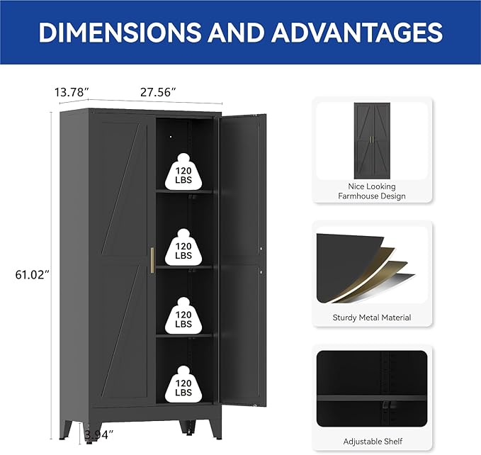 COFaR 61'' Tall Metal Storage Cabinet, Farmhouse Kitchen Pantry Cabinet with Doors and 3 Adjustable Shelves, Black Metal Cabinets for Garage, Kitchen, Bathroom, Laundry, 4-Tier