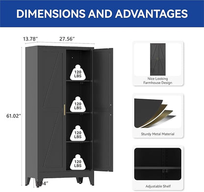COFaR 61'' Tall Metal Storage Cabinet, Farmhouse Kitchen Pantry Cabinet with Doors and 3 Adjustable Shelves, Black Metal Cabinets for Garage, Kitchen, Bathroom, Laundry, 4-Tier