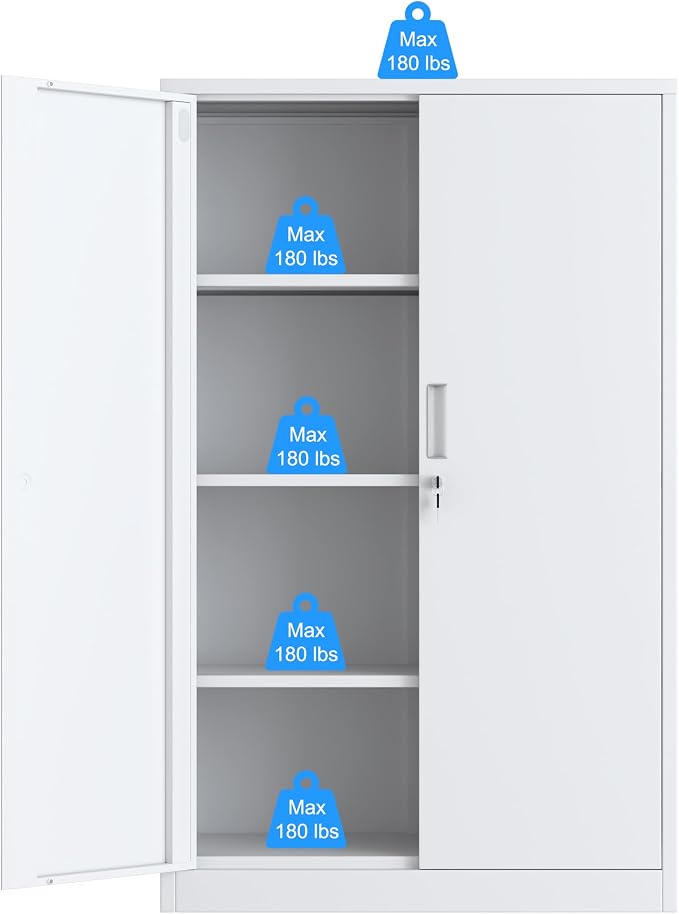 Metal Storage Cabinet with Locking Doors and 3 Adjustable Shelves, 53.5-Inch Tall Lockable Steel Storage Cabinets for Home Office Garage Pantry (White)