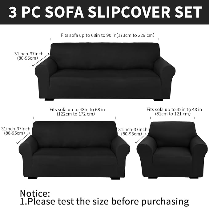 Peryiter 3 Pcs Couch and Loveseat Sofa Covers,Black,Milk Silk | Armchair Covers for Living Room, Sofa Cushion Slipcover, Furniture Protector, Polyester and Spandex, Washable