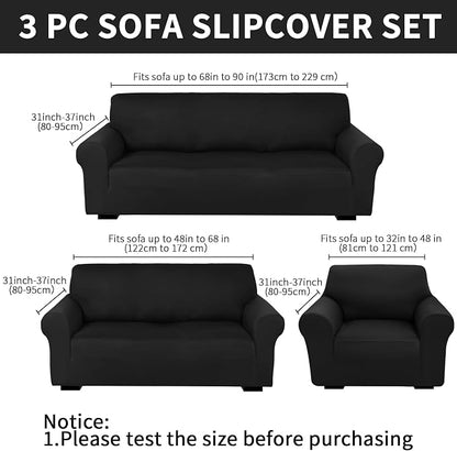Peryiter 3 Pcs Couch and Loveseat Sofa Covers,Black,Milk Silk | Armchair Covers for Living Room, Sofa Cushion Slipcover, Furniture Protector, Polyester and Spandex, Washable