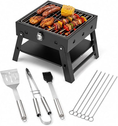 Small Portable BBQ Charcoal Grill: Mini Foldable Table Top Barbecue Grills with Stainless Steel BBQ Grilling Tool Set, Fathers Day Birthday Grilling Gift for Men Dad Husband