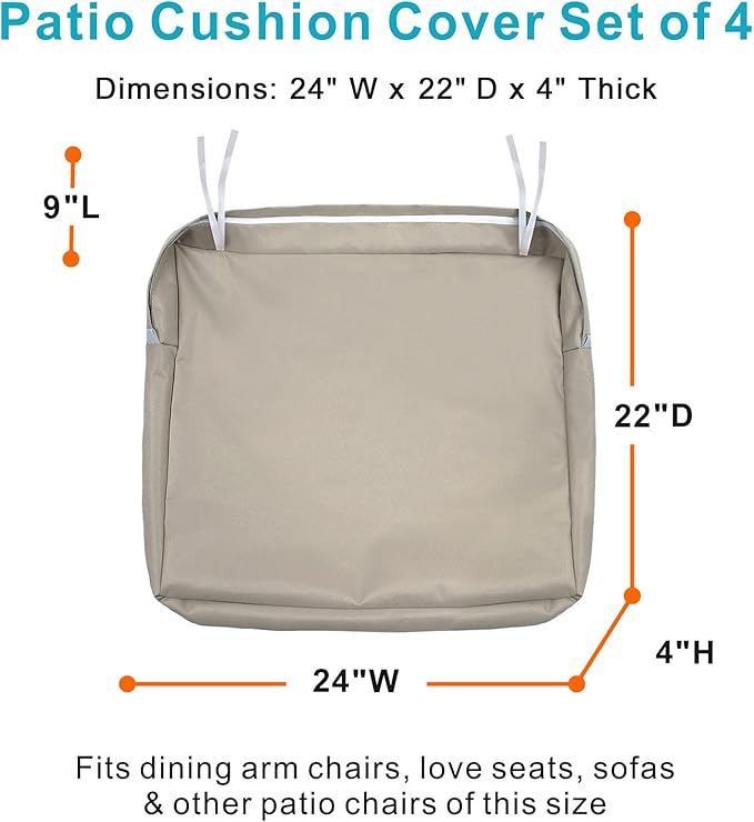 NettyPro Outdoor Cushion Slipcovers Waterproof 4 Pack Patio Chair Seat Cushion Covers with Zipper and Tie, 24 x 22 x 4 Inch, Replacement Cover Only, Khaki