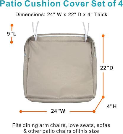 NettyPro Outdoor Cushion Slipcovers Waterproof 4 Pack Patio Chair Seat Cushion Covers with Zipper and Tie, 24 x 22 x 4 Inch, Replacement Cover Only, Khaki