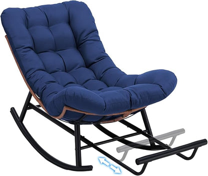 COMHOMA Outdoor Rocking Papasan Chair, Oversized Wicker Patio Rocker, Indoor Comfy Wicker Reading Lounge, Bed-Like Comfort Egg Chair for Bedroom,Balcony, Porch, Garden, Blue