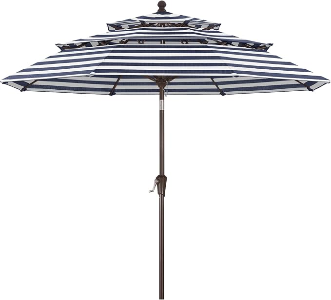 ABCCANOPY 9FT 3-Tier OLEFIN® Patio Umbrella with Stripe, 5-Year No Fading | Heavy Duty Fade-Resistance Outdoor Umbrella, 8 Sturdy Ribs, Tilt, Crank for Deck, Backyard, Garden, Yard, Pool, Navy Stripe