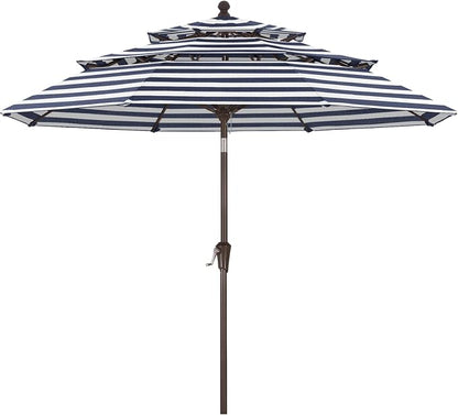 ABCCANOPY 9FT 3-Tier OLEFIN® Patio Umbrella with Stripe, 5-Year No Fading | Heavy Duty Fade-Resistance Outdoor Umbrella, 8 Sturdy Ribs, Tilt, Crank for Deck, Backyard, Garden, Yard, Pool, Navy Stripe