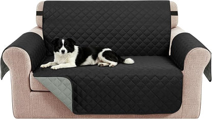 Reversible Loveseat Couch Sofa Covers, 2-Seater, Black | Loveseat Covers for Dogs Water Repellent, Friendly Furniture Protector with Elastic Straps for Living Room