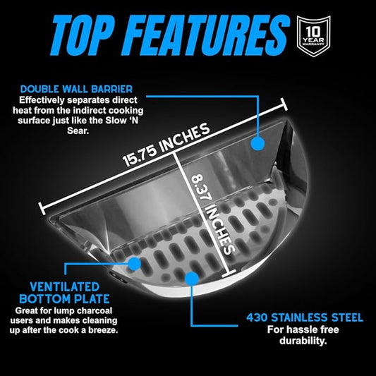 SnS Grills Slow ’N Sear Charcoal Basket Insert for 18” Weber Kettles – Heavy Duty Stainless Steel Charcoal Basket – Two Zone Cooking System, Indirect Smoking & High Heat Searing – BBQ Grill Accessory