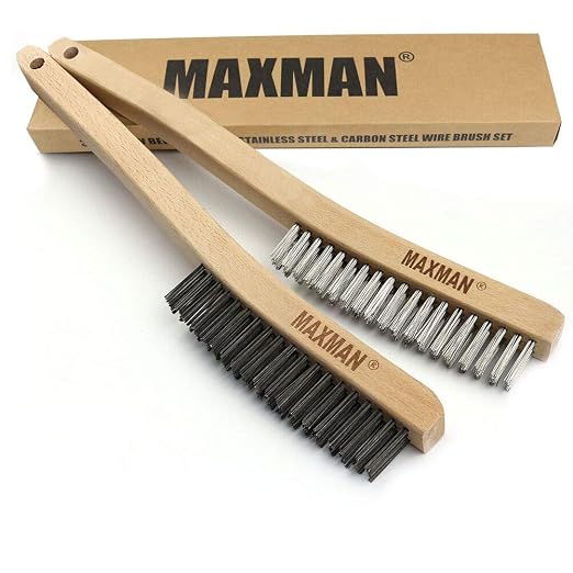 MAXMAN Wire Brush, Heavy Duty Carbon Steel and Stainless Steel Wire Brushes for Cleaning Rust, Grill, Paint Removal, Welding, Stiff Bristle Metal Brush with 14" Long Beech Wood Handle, Large, 2Pcs | Long Beech Wood Handle, Heavy Duty Wire Brushes for C...