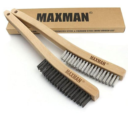 MAXMAN Wire Brush, Heavy Duty Carbon Steel and Stainless Steel Wire Brushes for Cleaning Rust, Grill, Paint Removal, Welding, Stiff Bristle Metal Brush with 14" Long Beech Wood Handle, Large, 2Pcs | Long Beech Wood Handle, Heavy Duty Wire Brushes for C...