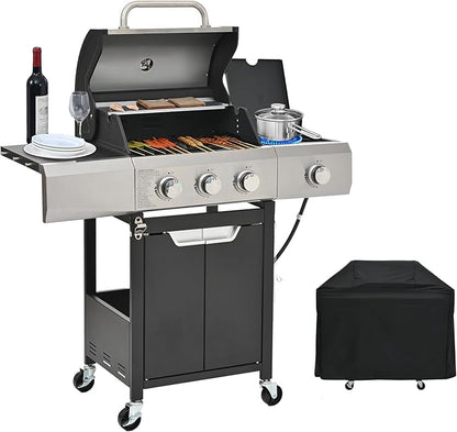 Endark 40,500 BTU 3-Burner Stainless Steel Propane Gas Grill – with Side Burner, Thermometer, Wheels & Cover – Perfect for Outdoor Garden BBQ and Family Gatherings