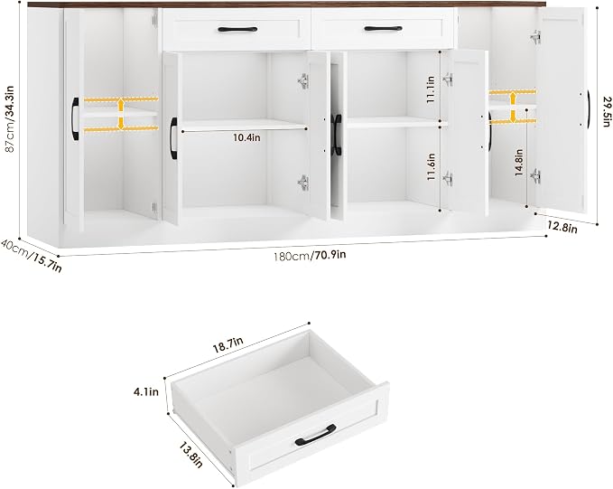 71” Large Buffet Cabinet, Sideboard with Adjustable Shelves | 6 Soft-Close Doors, Sideboard Wood Coffee Bar Console Table for Kitchen, Dining Room (White)
