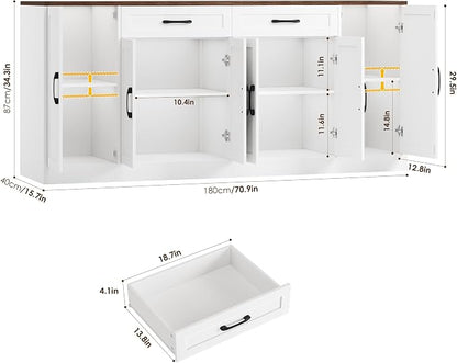 71” Large Buffet Cabinet, Sideboard with Adjustable Shelves | 6 Soft-Close Doors, Sideboard Wood Coffee Bar Console Table for Kitchen, Dining Room (White)