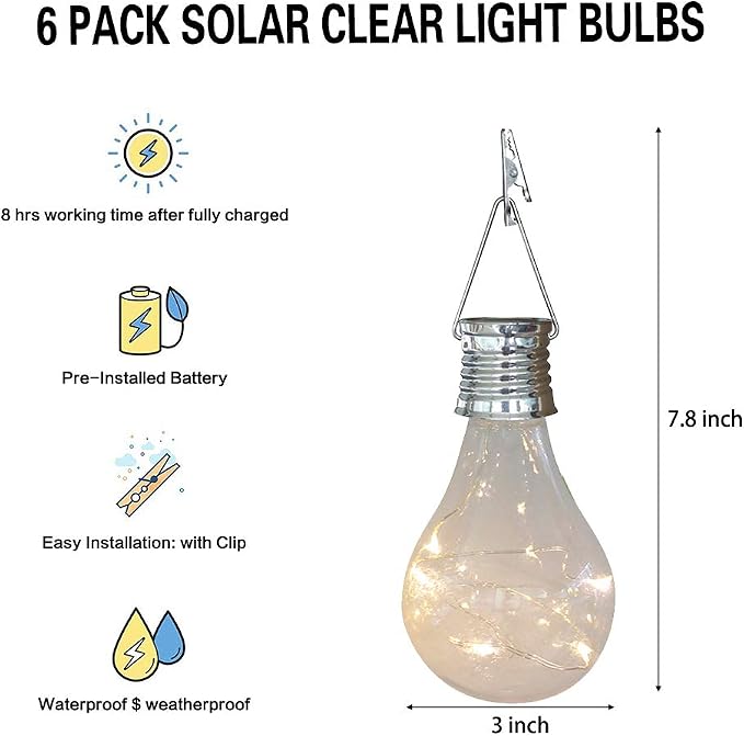 Solar Light Bulbs Outdoor Waterproof Garden Camping Hanging LED Light Lamp Bulb Globe Hanging Lights for Home Yard Christmas Party Holiday Decorations (6 Pack-Clear Bulbs)