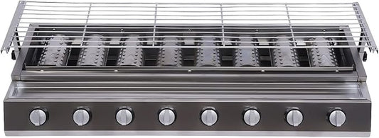 Commercial Barbecue Grill, 8 Burner Gas Countertop Griddle Stainless Steel LPG Gas Grill Patio Garden Barbecue Grill Adjustable Height Gas BBQ Grill with Removable Grill Net for Camping Picnics