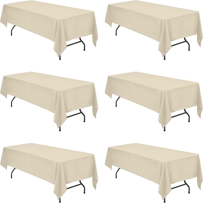 BRILLMAX 6 Pack Beige Tablecloths 60x126 Inch for 8ft Rectangle Tables | 150 GSM Polyester Fabric, 15" Standard Drop, Water, Stain & Wrinkle Resistant Cloth Cover for Wedding Reception Banquet Party