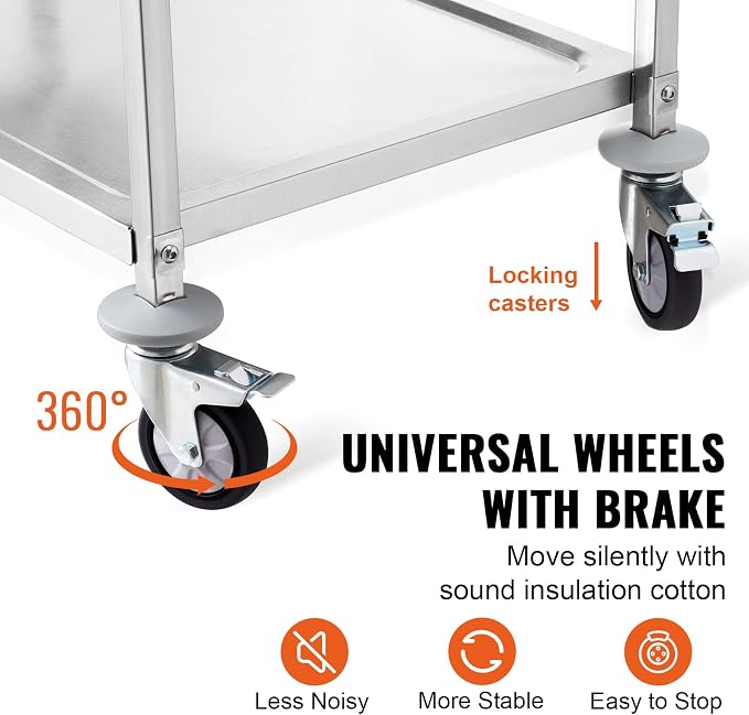 VEVOR Extra Large Utility Cart, 3 Tier Rolling Cart with Adjustable Shelf, Stainless Steel Kitchen Serving Cart with Swivel Casters Brake Wheels, Metal Food Storage Service Trolley, 37"L x 20"D x 37"H