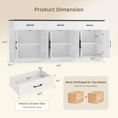 HOSTACK 71" Large Sideboard Buffet Cabinet with Storage, Farmhouse Coffee Bar Cabinet with 3 Drawers, Long Kitchen Buffet Table, Kitchen Sideboard Storage Cabinet for Dining, Living Room, White/Black