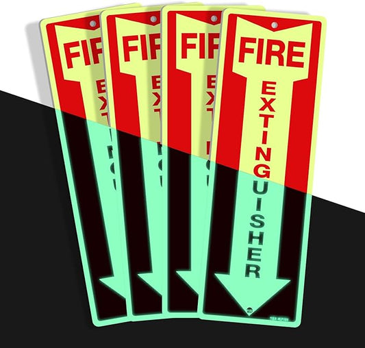 T&R Fire Extinguisher Metal Sign - 4 Pack - 12"x4" .040 Rust Free Heavy Aluminum Glow-In-The-Dark, Waterproof, Weatherproof and Fade Resistant, 2 pre-drilled holes, Easy to Install Indoors and Outdoors